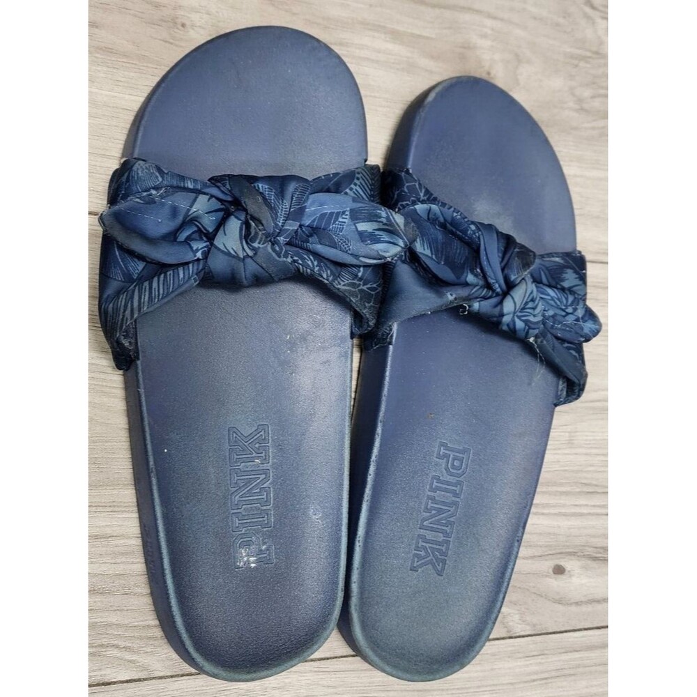 Victoria's Secret Pink Bow Knot Sandals Slides Large Size 9 -10 Blue Tropical